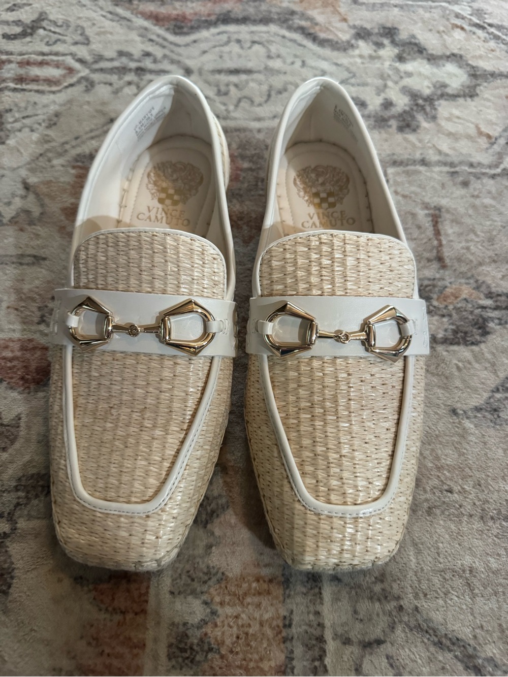 Vince Camuto Cream Raffia Loafers with Gold Bit